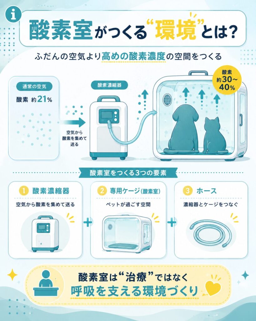 空気21%から酸素室約30〜40%への環境と基本構成の図解