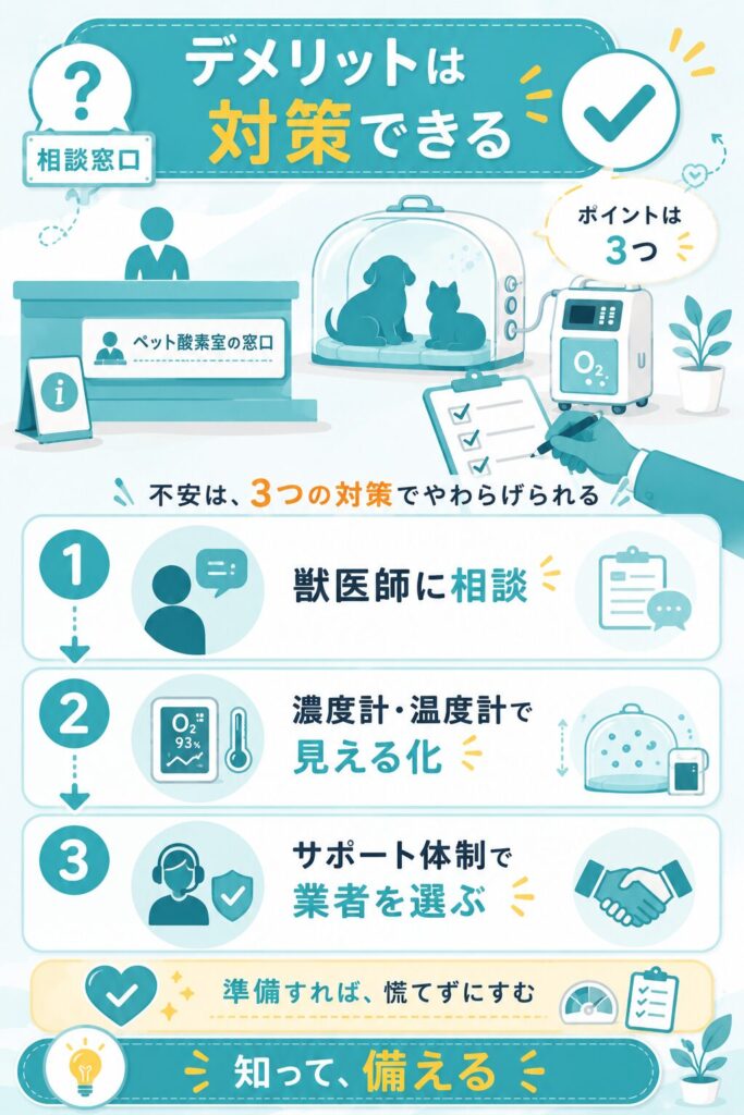 相談・見える化・業者選びの対策3本柱を示すフロー図