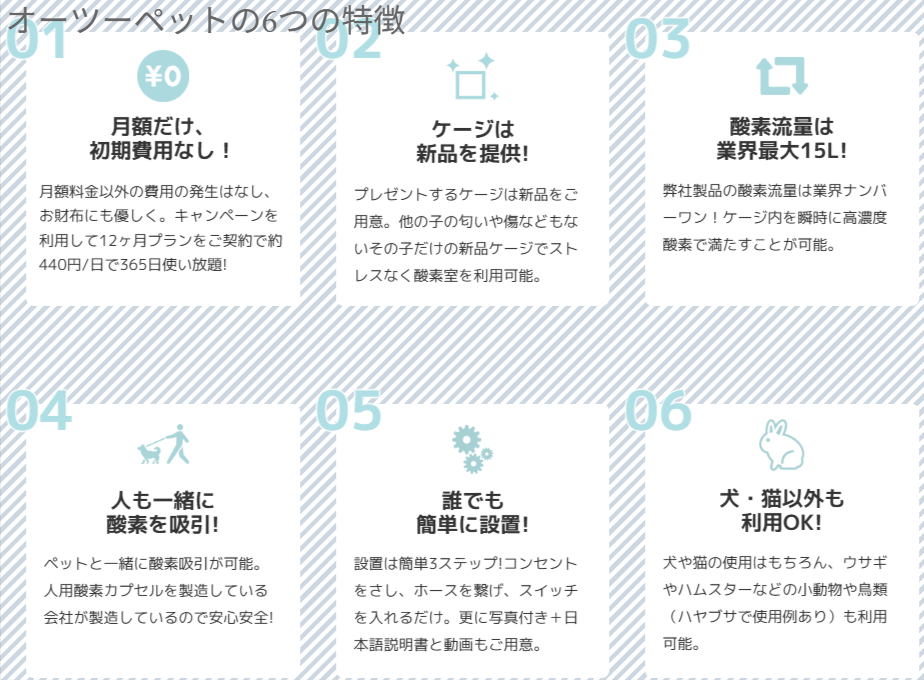 オーツーペット公式サイトの日本製・初期費用不要・サポート窓口の記載
