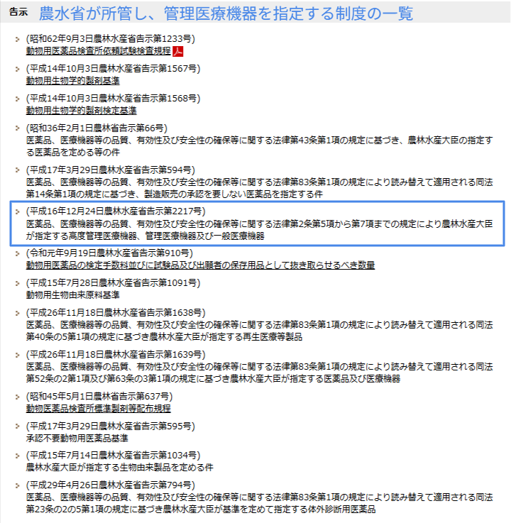 動物用医療機器を農水省が所管し管理医療機器を指定する制度の一覧